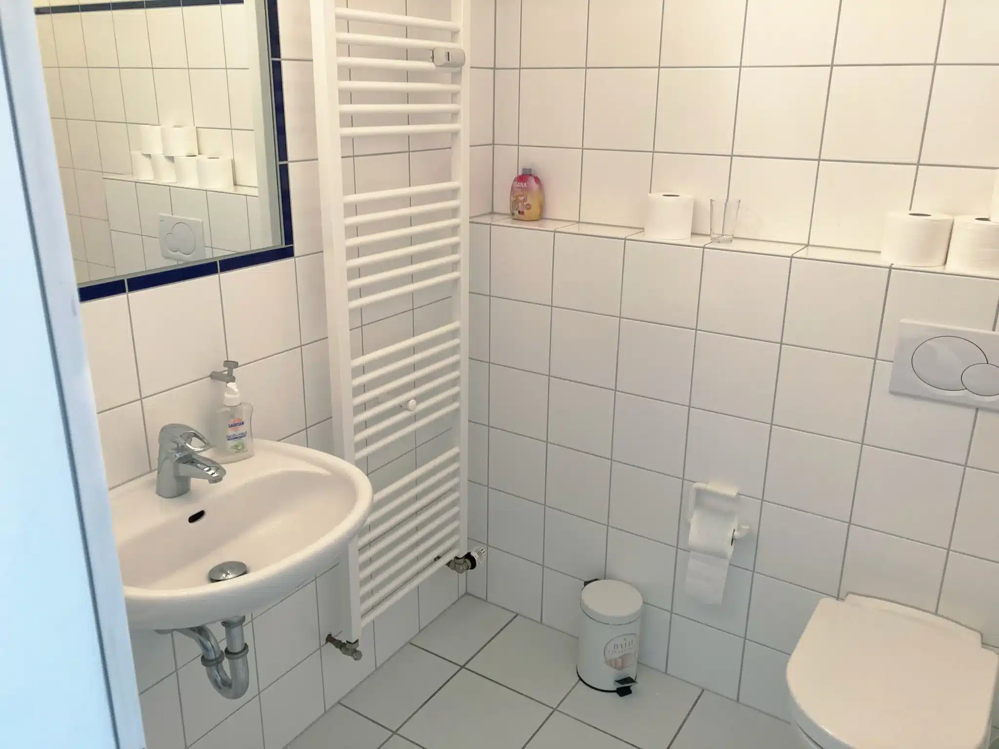 Gefliestes Badezimmer mit Waschbecken, Toilette und Handtuchheizkörper.